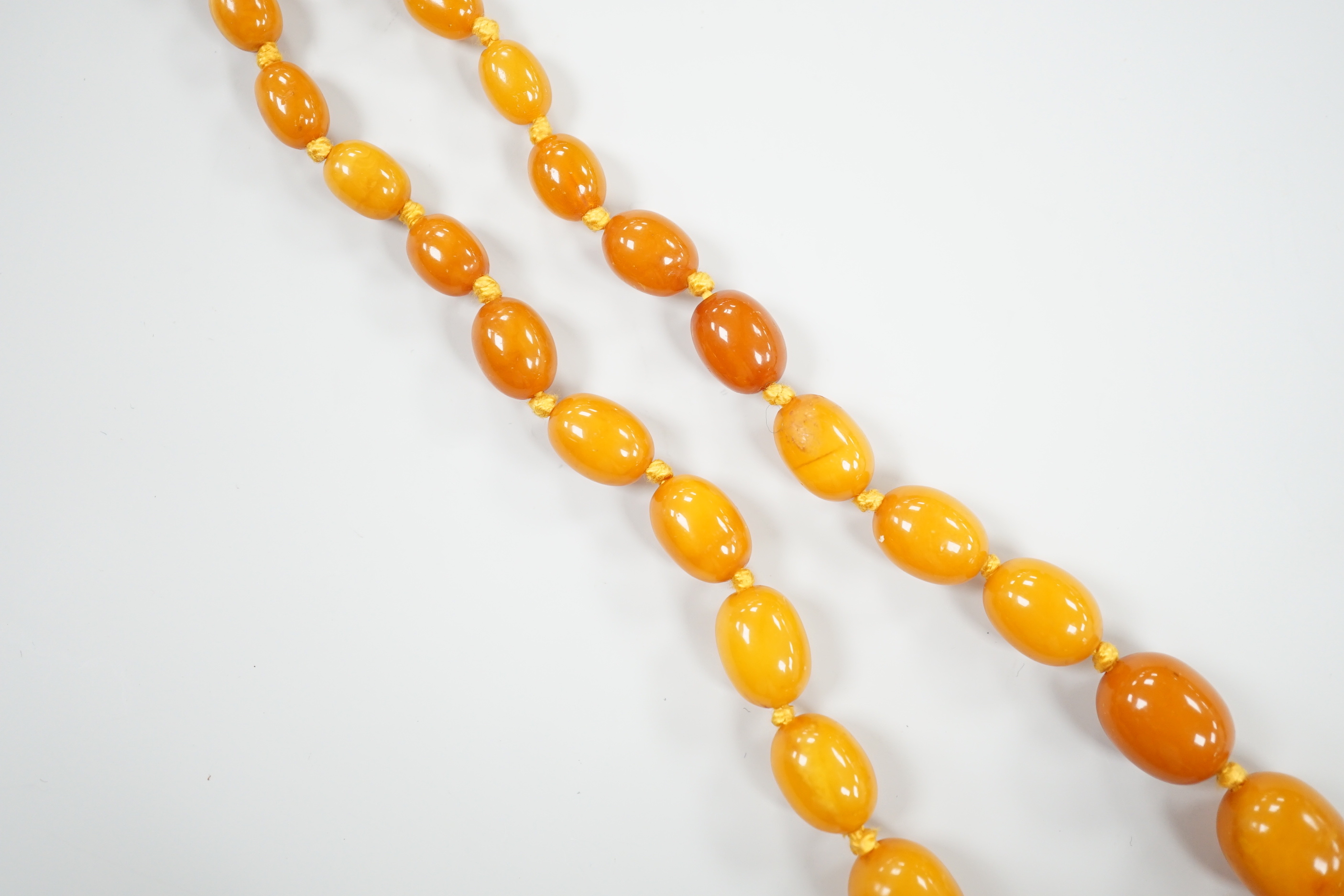 A single strand graduated amber bead necklace, 60cm, gross weight 26 grams.